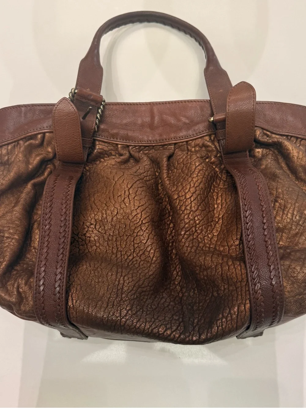 Cole Haan Metallic Brown Leather Double Handles Zippper Satchel Shoulder Bag